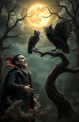 A dramatic scene featuring a cursed vampire and a cursed owl facing off in an eerie, moonlit forest