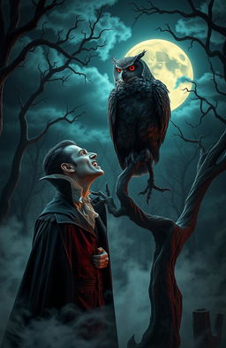 A dramatic scene featuring a cursed vampire and a cursed owl facing off in an eerie, moonlit forest