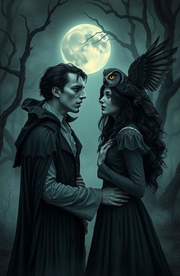A dark and atmospheric scene featuring a cursed vampire with elongated fangs and pale skin, wearing a tattered black cloak, standing in an eerie, mist-covered forest