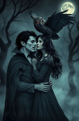 A dark and atmospheric scene featuring a cursed vampire with elongated fangs and pale skin, wearing a tattered black cloak, standing in an eerie, mist-covered forest
