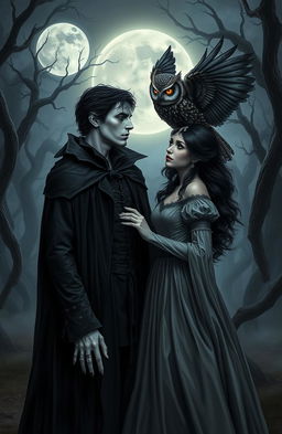 A dark and atmospheric scene featuring a cursed vampire with elongated fangs and pale skin, wearing a tattered black cloak, standing in an eerie, mist-covered forest