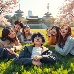 A young male character lying on a lush, green grass field in a park in Seoul, surrounded by a group of cheerful Korean K-pop singers