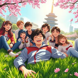 A young male character lying on a lush, green grass field in a park in Seoul, surrounded by a group of cheerful Korean K-pop singers
