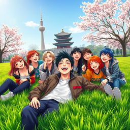 A young male character lying on a lush, green grass field in a park in Seoul, surrounded by a group of cheerful Korean K-pop singers