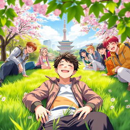 A young male character lying on a lush, green grass field in a park in Seoul, surrounded by a group of cheerful Korean K-pop singers