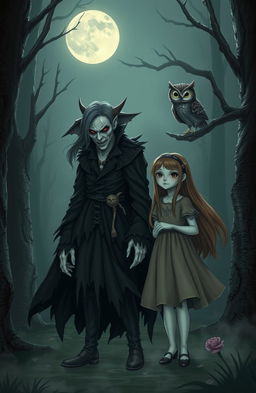 A cursed vampire with pale skin and piercing red eyes, adorned in tattered dark clothing, stands in a moonlit forest with a normal girl, who has long flowing hair and a playful expression