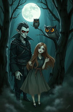 A cursed vampire with pale skin and piercing red eyes, adorned in tattered dark clothing, stands in a moonlit forest with a normal girl, who has long flowing hair and a playful expression