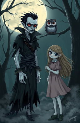 A cursed vampire with pale skin and piercing red eyes, adorned in tattered dark clothing, stands in a moonlit forest with a normal girl, who has long flowing hair and a playful expression