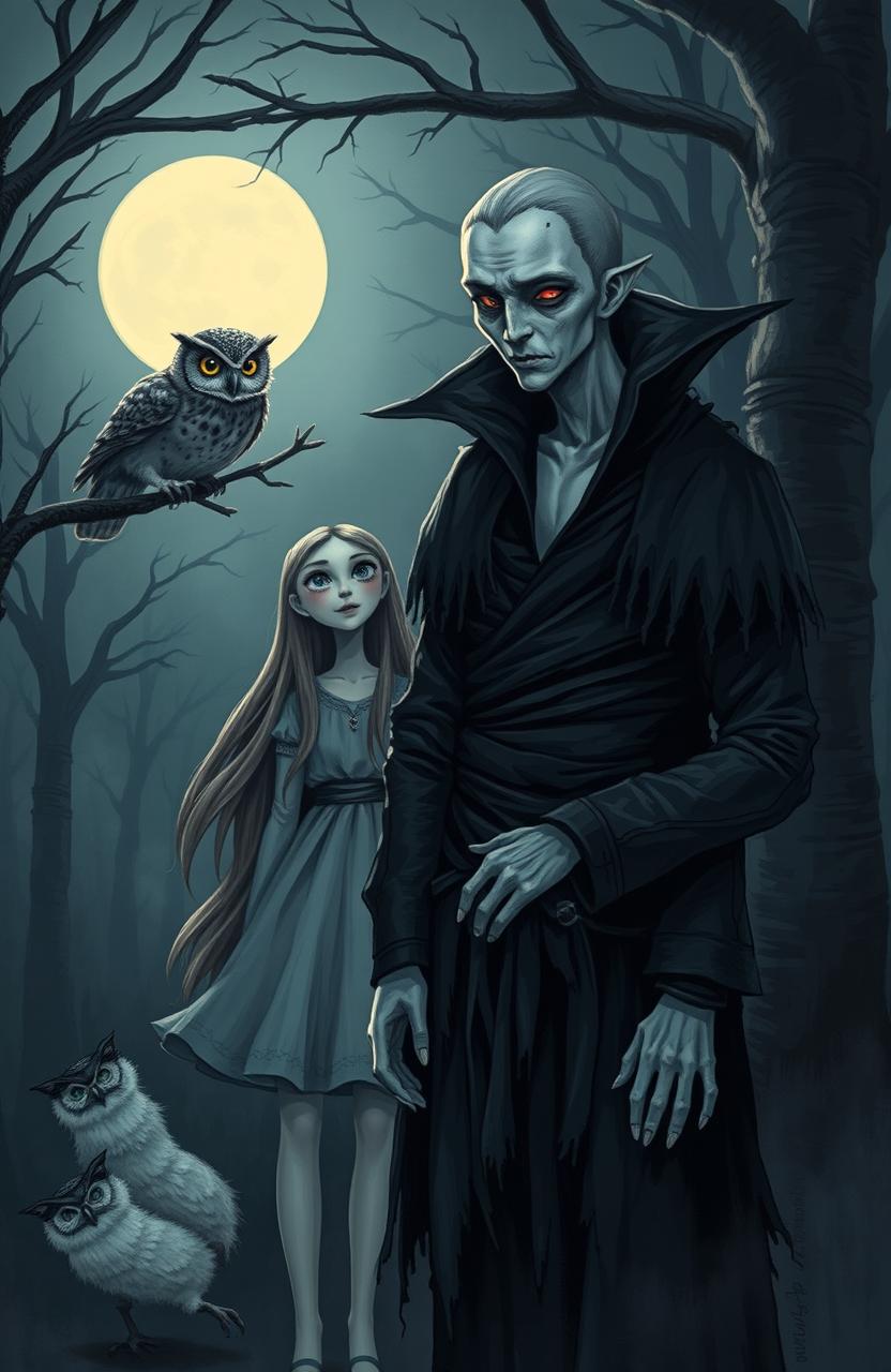 A cursed vampire with pale skin and piercing red eyes, adorned in tattered dark clothing, stands in a moonlit forest with a normal girl, who has long flowing hair and a playful expression