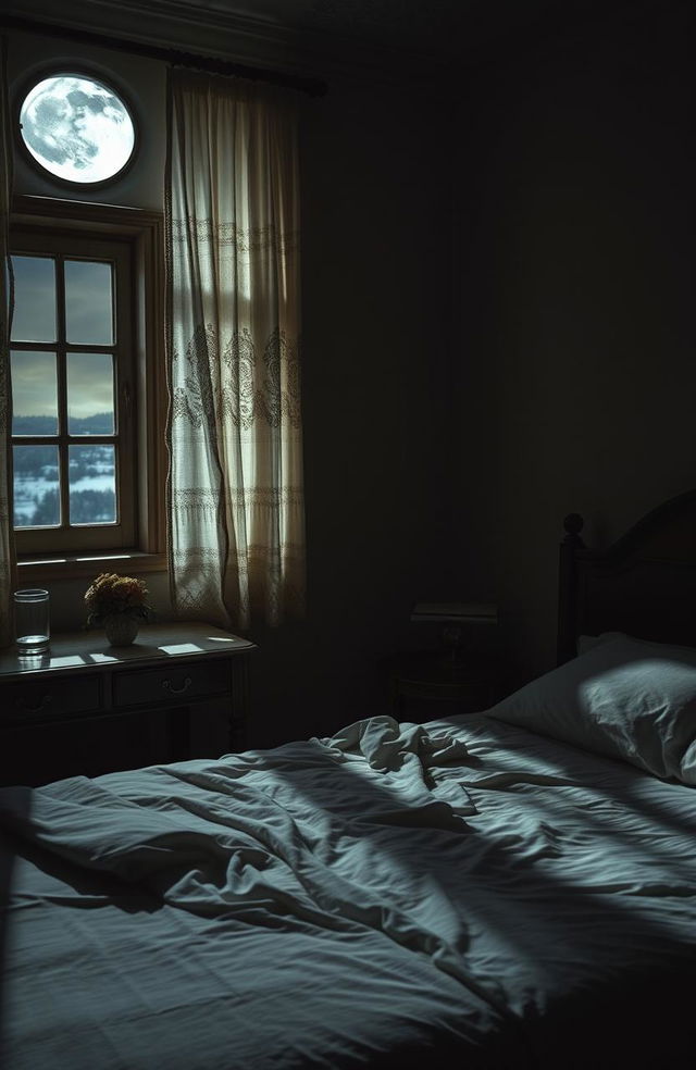 A serene nocturnal scene of a deserted bedroom, with soft moonlight illuminating an empty bed that has neatly arranged sheets, suggesting a recent departure