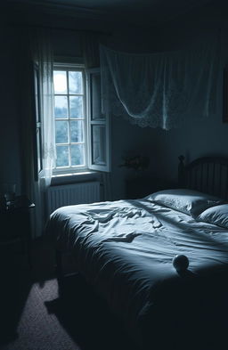 A serene nocturnal scene of a deserted bedroom, with soft moonlight illuminating an empty bed that has neatly arranged sheets, suggesting a recent departure