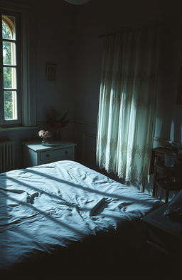 A serene nocturnal scene of a deserted bedroom, with soft moonlight illuminating an empty bed that has neatly arranged sheets, suggesting a recent departure