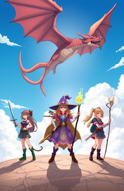 A powerful dragon soaring majestically across a bright blue sky, with fluffy white clouds surrounding it, casting shadows on the ground below