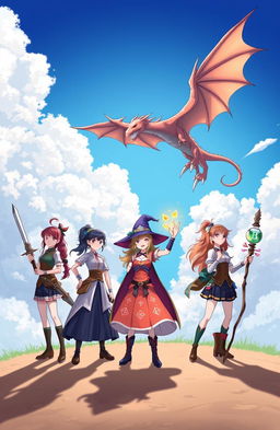 A powerful dragon soaring majestically across a bright blue sky, with fluffy white clouds surrounding it, casting shadows on the ground below