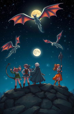 Three girls standing confidently on a rocky outcrop, each wielding unique weapons, gazing up at majestic dragons soaring through a starry night sky