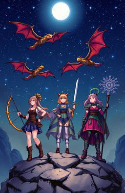 Three girls standing confidently on a rocky outcrop, each wielding unique weapons, gazing up at majestic dragons soaring through a starry night sky