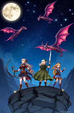 Three girls standing confidently on a rocky outcrop, each wielding unique weapons, gazing up at majestic dragons soaring through a starry night sky