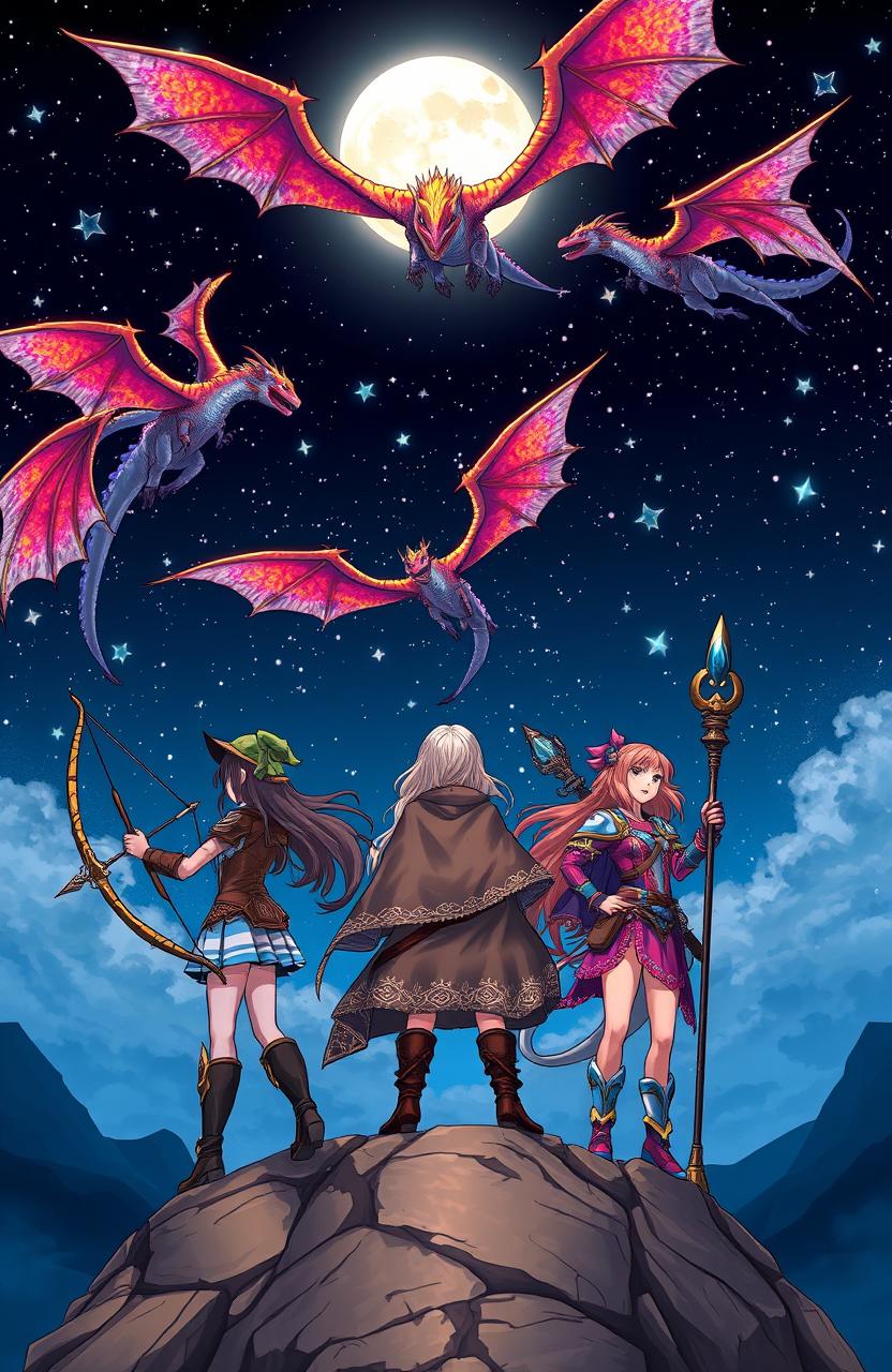 Three girls standing confidently on a rocky outcrop, each wielding unique weapons, gazing up at majestic dragons soaring through a starry night sky