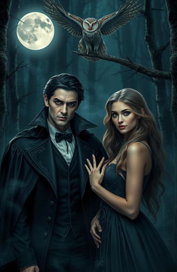 A handsome vampire with sharp features and alluring eyes, elegantly dressed in a vintage cape, stands in a moonlit forest