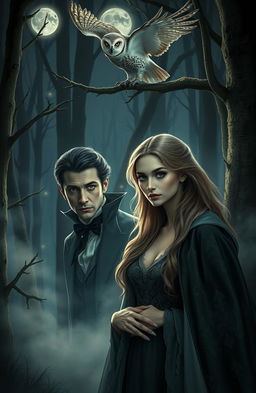 A handsome vampire with sharp features and alluring eyes, elegantly dressed in a vintage cape, stands in a moonlit forest