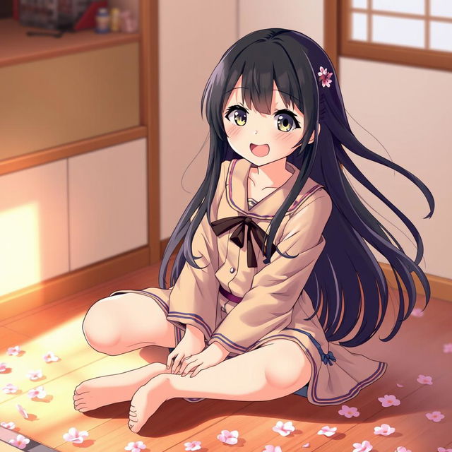 A cute Japanese girl sitting on the floor with her legs spread slightly apart in a playful yet elegant pose