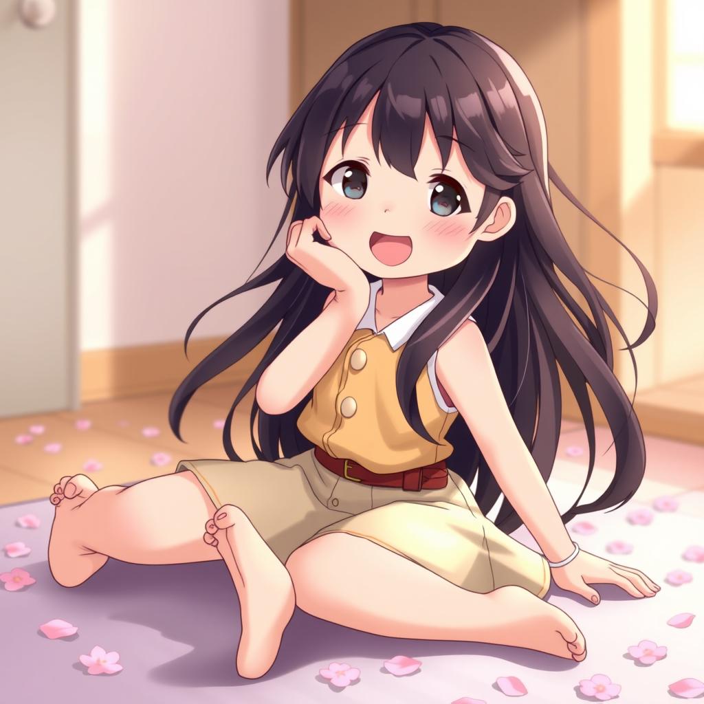 A cute Japanese girl sitting on the floor with her legs spread slightly apart in a playful yet elegant pose