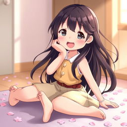 A cute Japanese girl sitting on the floor with her legs spread slightly apart in a playful yet elegant pose