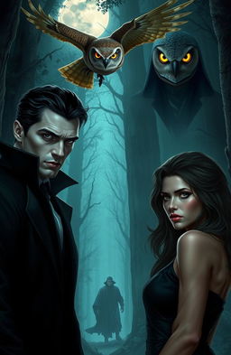 A handsome vampire with chiseled features and piercing eyes stands confidently in a mysterious, dark forest, exuding an aura of intrigue and danger