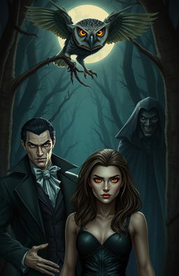A handsome vampire with chiseled features and piercing eyes stands confidently in a mysterious, dark forest, exuding an aura of intrigue and danger