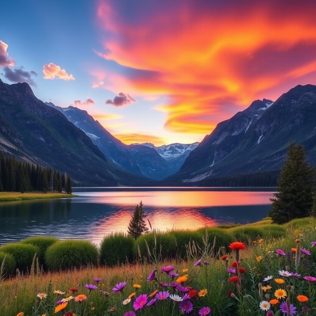 A beautiful and serene landscape featuring a majestic mountain range at sunset, the sky painted with vibrant orange, pink, and purple hues reflecting on a tranquil lake below