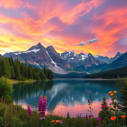 A beautiful and serene landscape featuring a majestic mountain range at sunset, the sky painted with vibrant orange, pink, and purple hues reflecting on a tranquil lake below