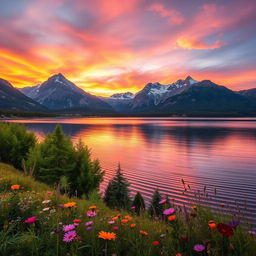 A beautiful and serene landscape featuring a majestic mountain range at sunset, the sky painted with vibrant orange, pink, and purple hues reflecting on a tranquil lake below