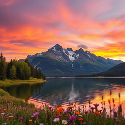 A beautiful and serene landscape featuring a majestic mountain range at sunset, the sky painted with vibrant orange, pink, and purple hues reflecting on a tranquil lake below