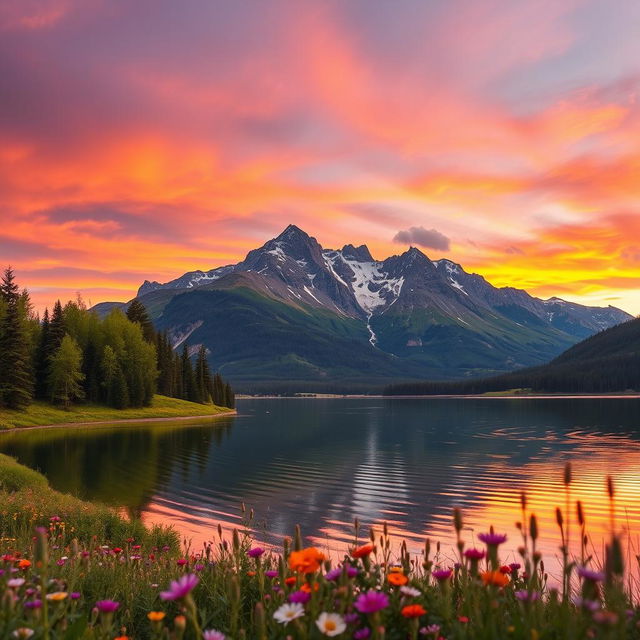 A beautiful and serene landscape featuring a majestic mountain range at sunset, the sky painted with vibrant orange, pink, and purple hues reflecting on a tranquil lake below