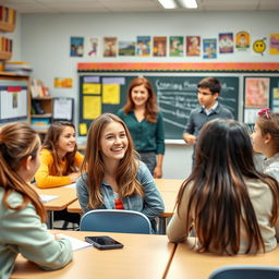 A lively school classroom setting featuring a teenage girl sitting at a desk with her friends, engaged in conversation and laughter