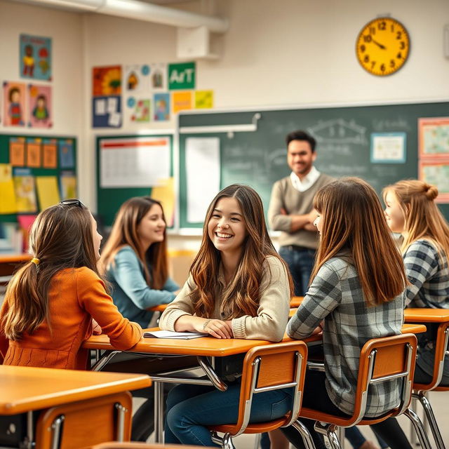 A lively school classroom setting featuring a teenage girl sitting at a desk with her friends, engaged in conversation and laughter