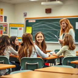 A lively school classroom setting featuring a teenage girl sitting at a desk with her friends, engaged in conversation and laughter