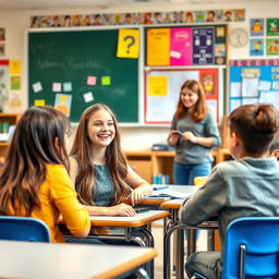 A lively school classroom setting featuring a teenage girl sitting at a desk with her friends, engaged in conversation and laughter