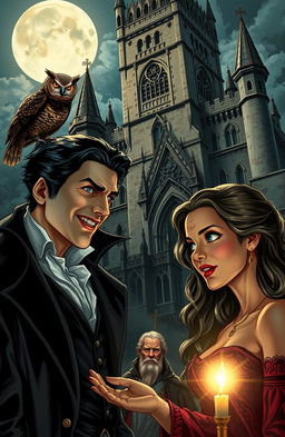 A handsome vampire with sharp features and a charming smile stands alongside a beautiful woman, both gazing curiously at a mystical cursed owl perched nearby