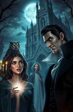 A handsome vampire with sharp features and a charming smile stands alongside a beautiful woman, both gazing curiously at a mystical cursed owl perched nearby