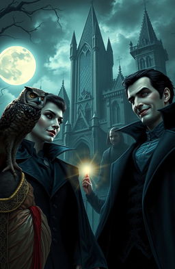 A handsome vampire with sharp features and a charming smile stands alongside a beautiful woman, both gazing curiously at a mystical cursed owl perched nearby