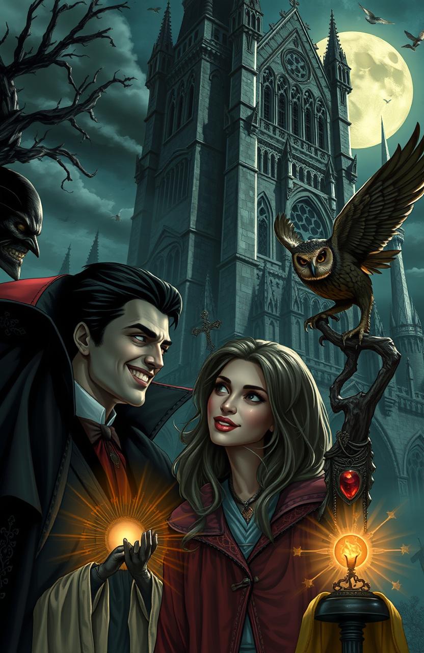 A handsome vampire with sharp features and a charming smile stands alongside a beautiful woman, both gazing curiously at a mystical cursed owl perched nearby