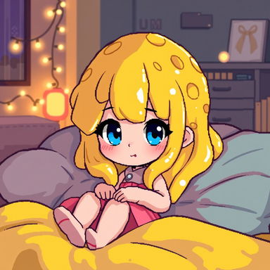 A pixel art illustration of a cozy avatar girl with liquid yellow hair that resembles cheese, bright blue eyes, a smug expression on her face, and wearing a cute pink skirt