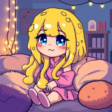A pixel art illustration of a cozy avatar girl with liquid yellow hair that resembles cheese, bright blue eyes, a smug expression on her face, and wearing a cute pink skirt