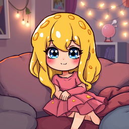 A pixel art illustration of a cozy avatar girl with liquid yellow hair that resembles cheese, bright blue eyes, a smug expression on her face, and wearing a cute pink skirt