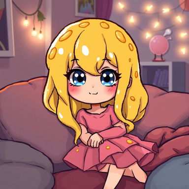 A pixel art illustration of a cozy avatar girl with liquid yellow hair that resembles cheese, bright blue eyes, a smug expression on her face, and wearing a cute pink skirt