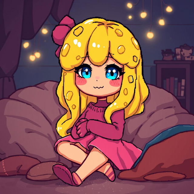 A pixel art illustration of a cozy avatar girl with liquid yellow hair that resembles cheese, bright blue eyes, a smug expression on her face, and wearing a cute pink skirt