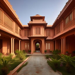 Generate an image of an Indian house design embodying traditional architectural elements such as courtyards, pillared balconies, and ornate latticework, fused with modern aesthetics for a refreshing look.