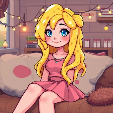 A pixel art depiction of a cozy adult avatar girl with liquid yellow hair that resembles cheese, bright blue eyes, and a smug expression
