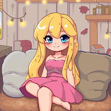 A pixel art depiction of a cozy adult avatar girl with liquid yellow hair that resembles cheese, bright blue eyes, and a smug expression